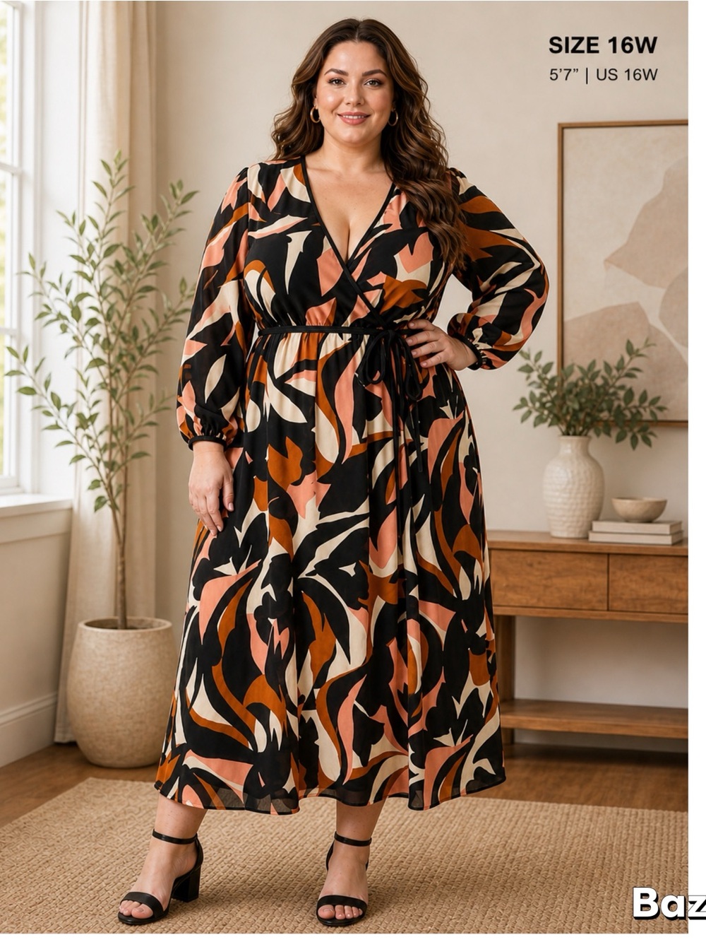 SZ 1x Sunset Swirl Wrap Maxi Dress Long-Sleeve W/ Velour Belt MSK